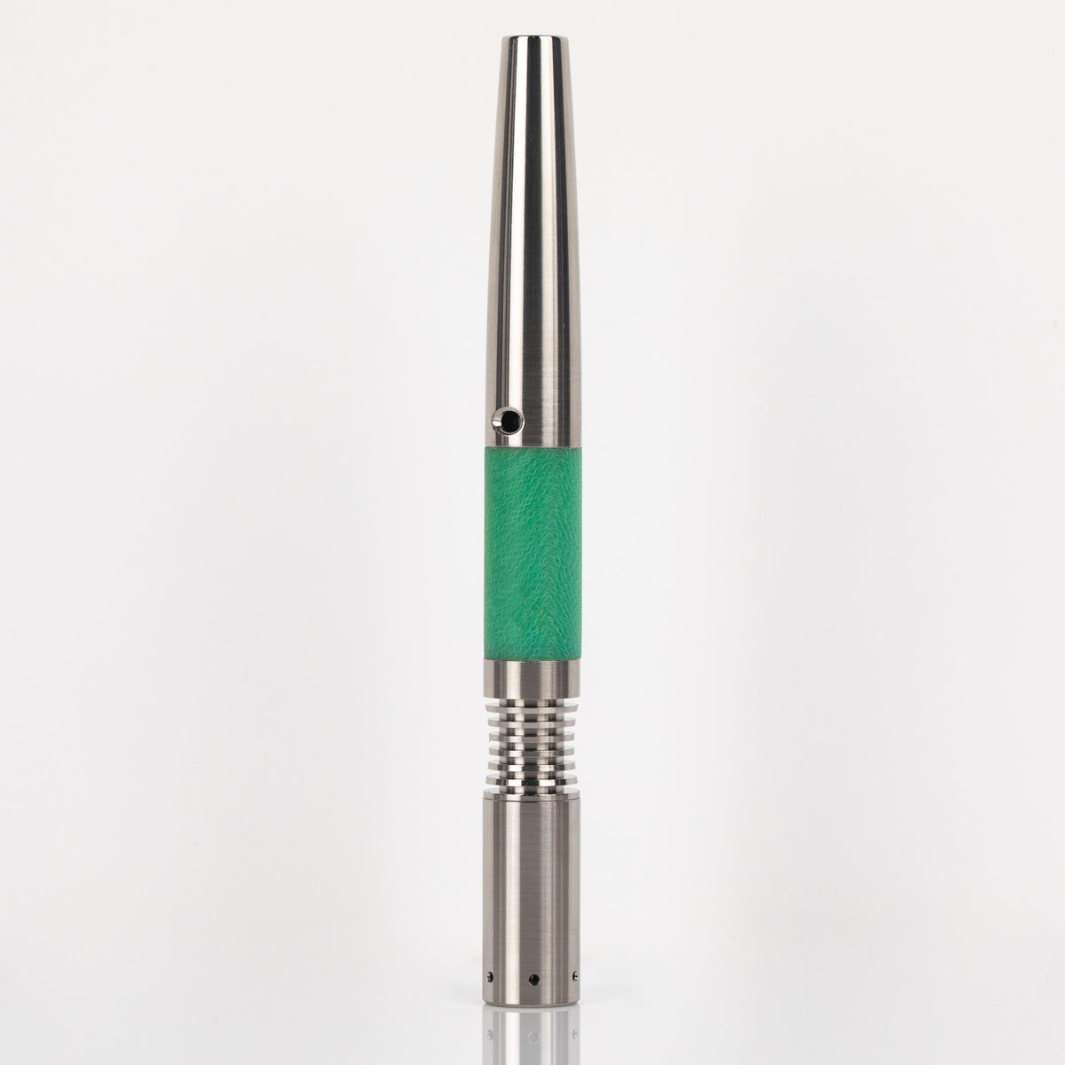 Teal micarta sleeve shown on a Titanium Simrell