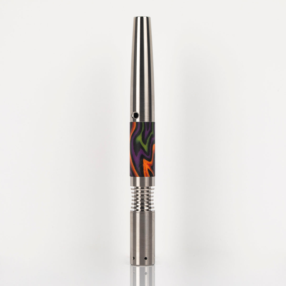 Green, purple and orange micarta sleeve shown on a Titanium Simrell