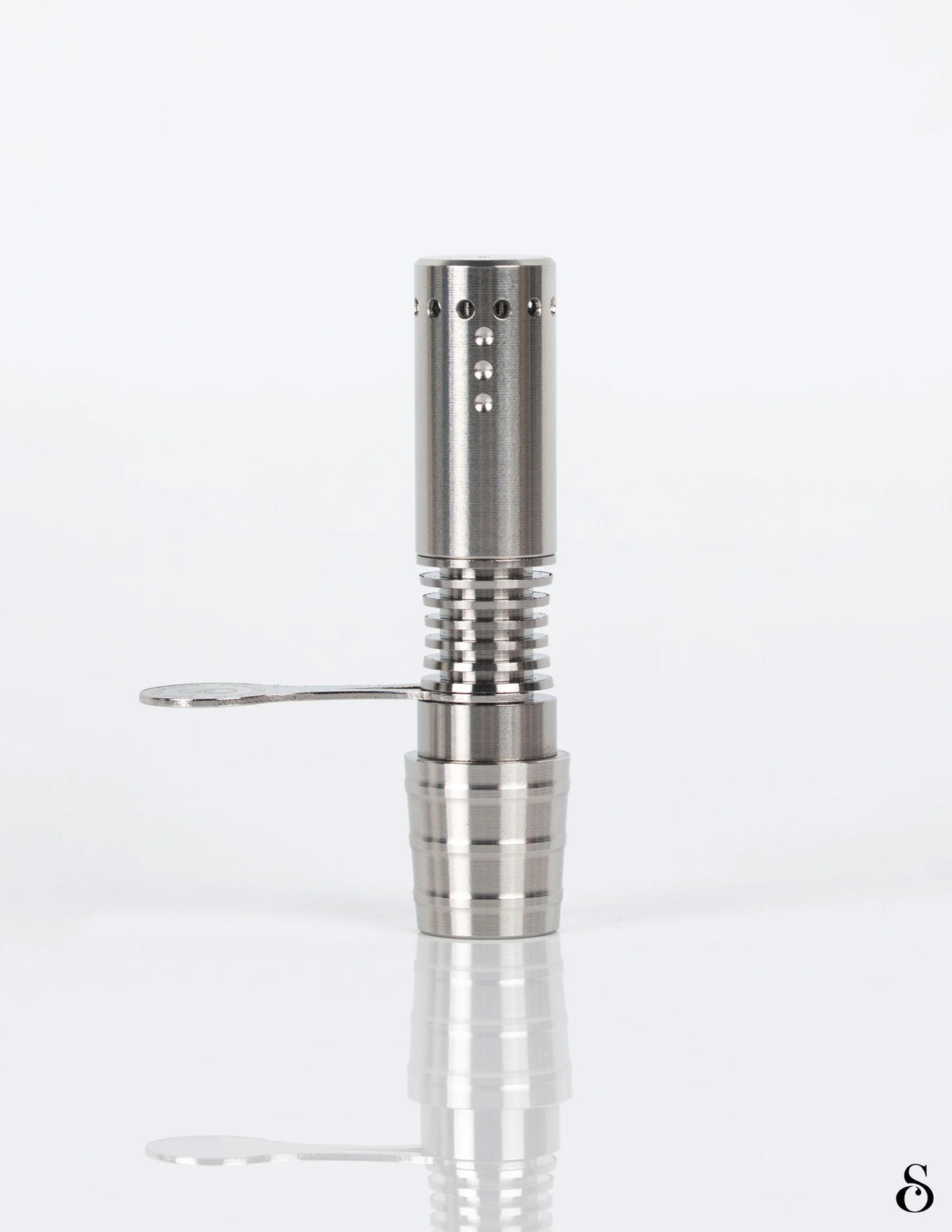 The assembled Simrell Hydro standing upright with its handle, on a pale background