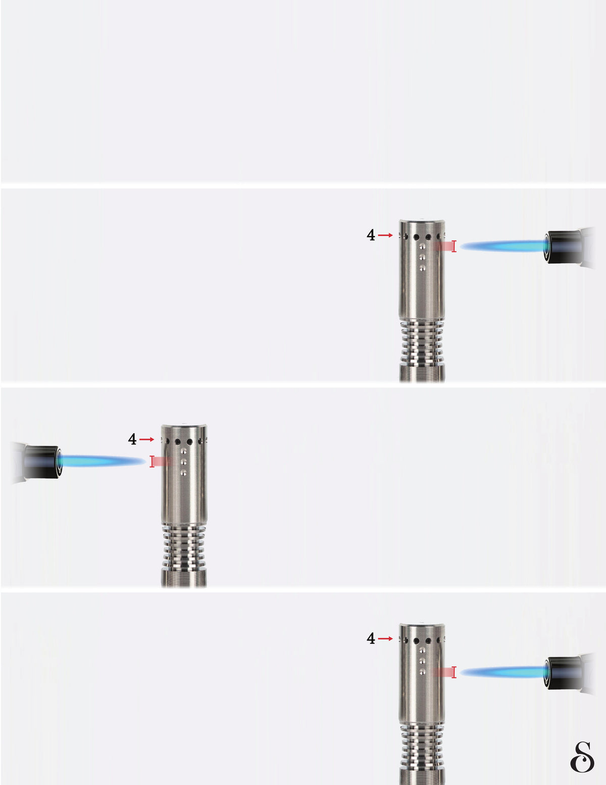 Three torch diagrams showing the flame aimed at the top, middle and lowest indicator on the heat exchanger