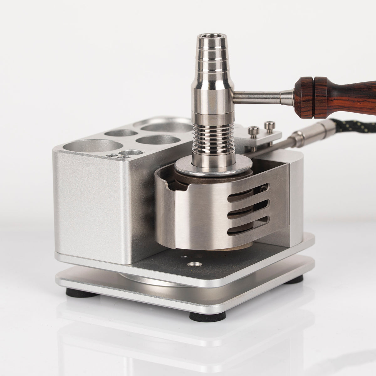 Hydro XL chamber and thermal assembly in a 25mm ball vape coil using the Simrell coil adapter, with a wooden ball vape handle