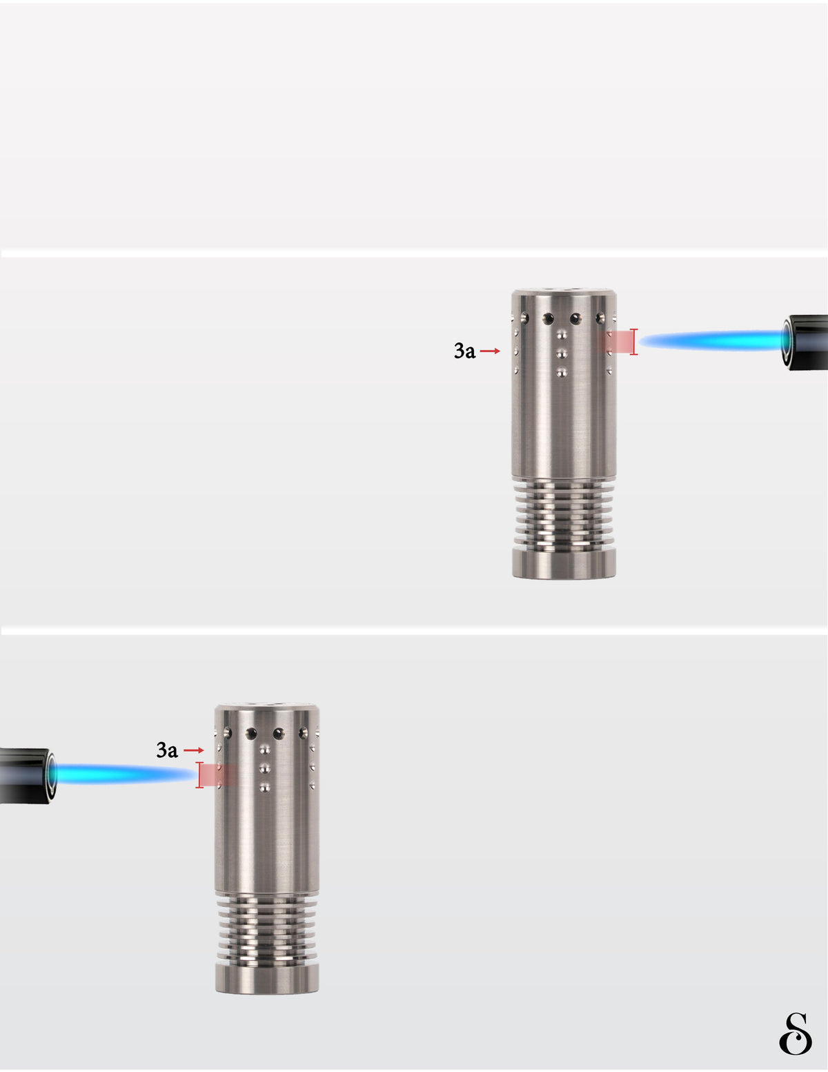 Torch flames aimed at the top half and at the lower half of the visual indicators (3a) on the heat exchanger