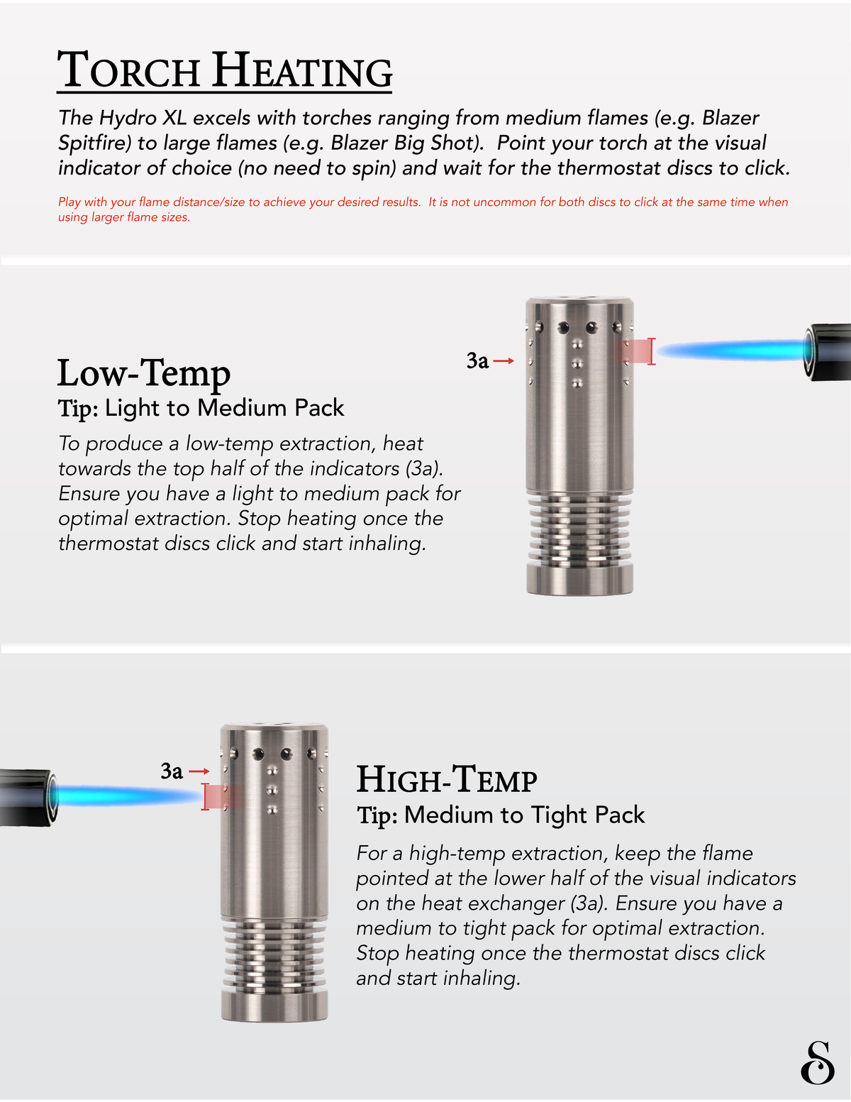 Simrell Hydro XL quick start guide, torch heating tips for low and high temp