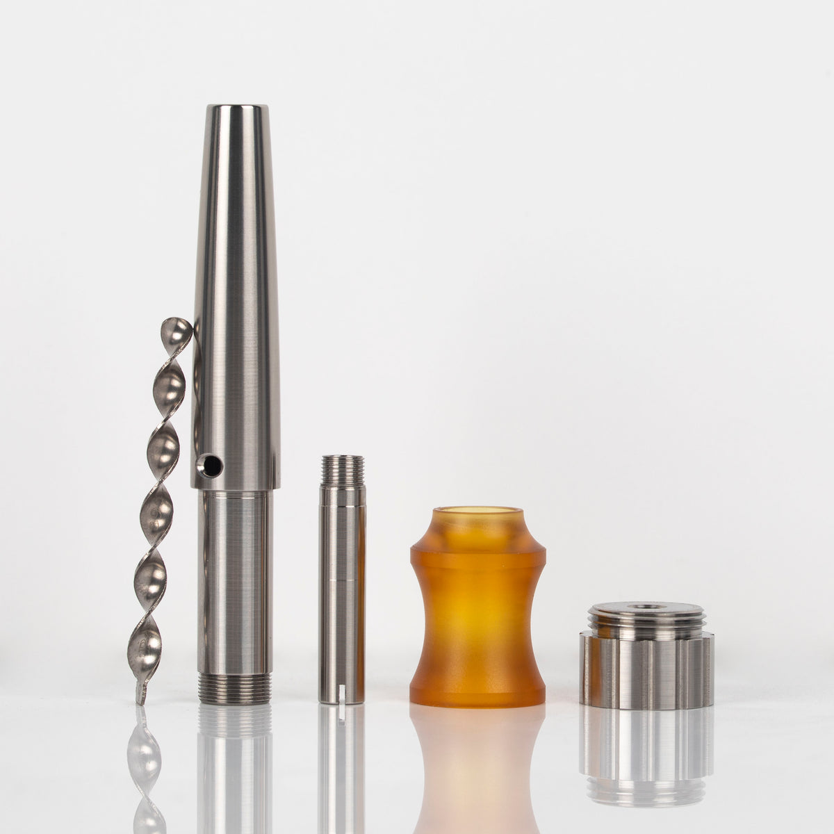 Simrell Titanium Vortex with XL Stem Adapter taken apart: stem, inner parts, Ultem sleeve and adapter