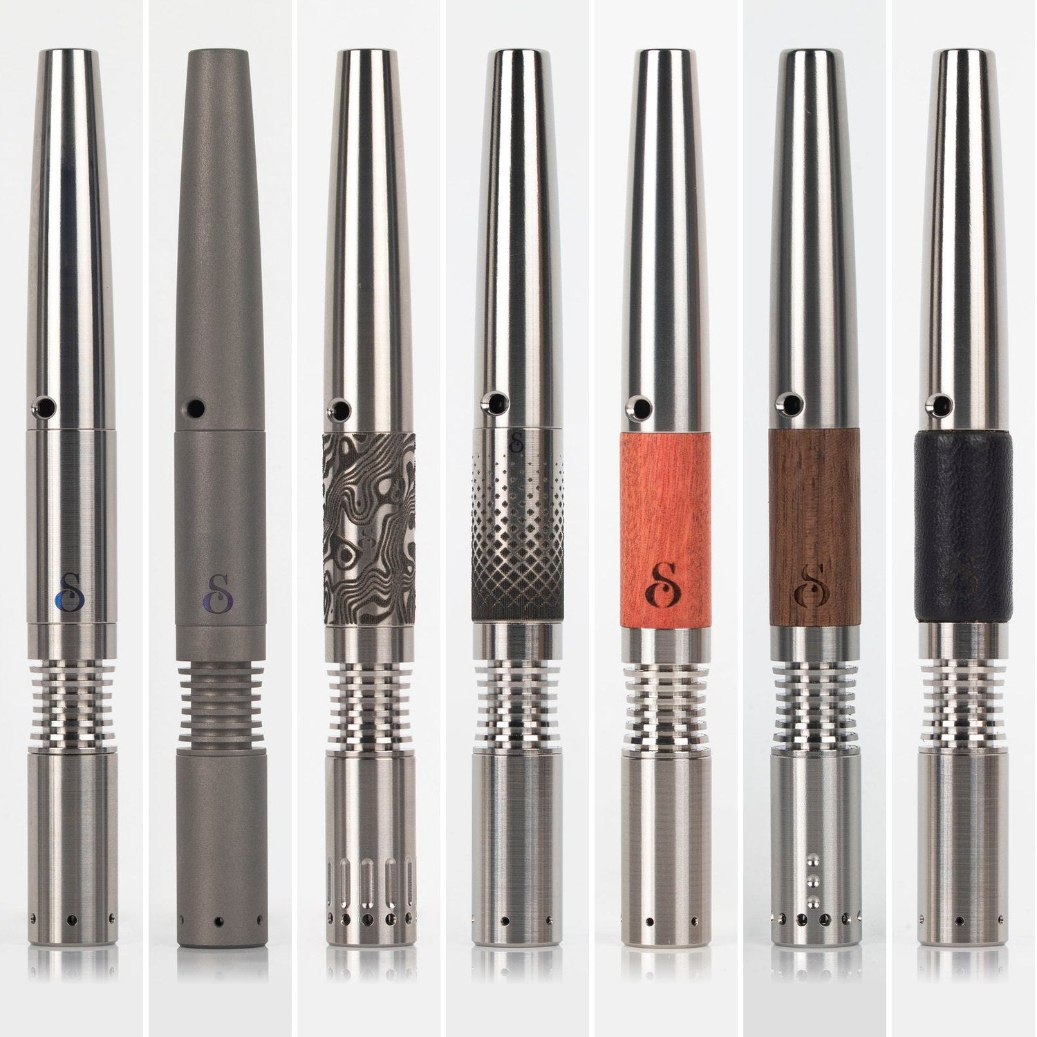 Seven Simrell: Titanium builds side by side in different finishes, sleeves and thermal assemblies